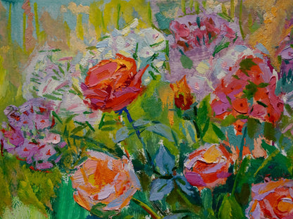 Vibrant impressionist oil painting of red roses, lilacs and lush greens by Vasily Chegodar
