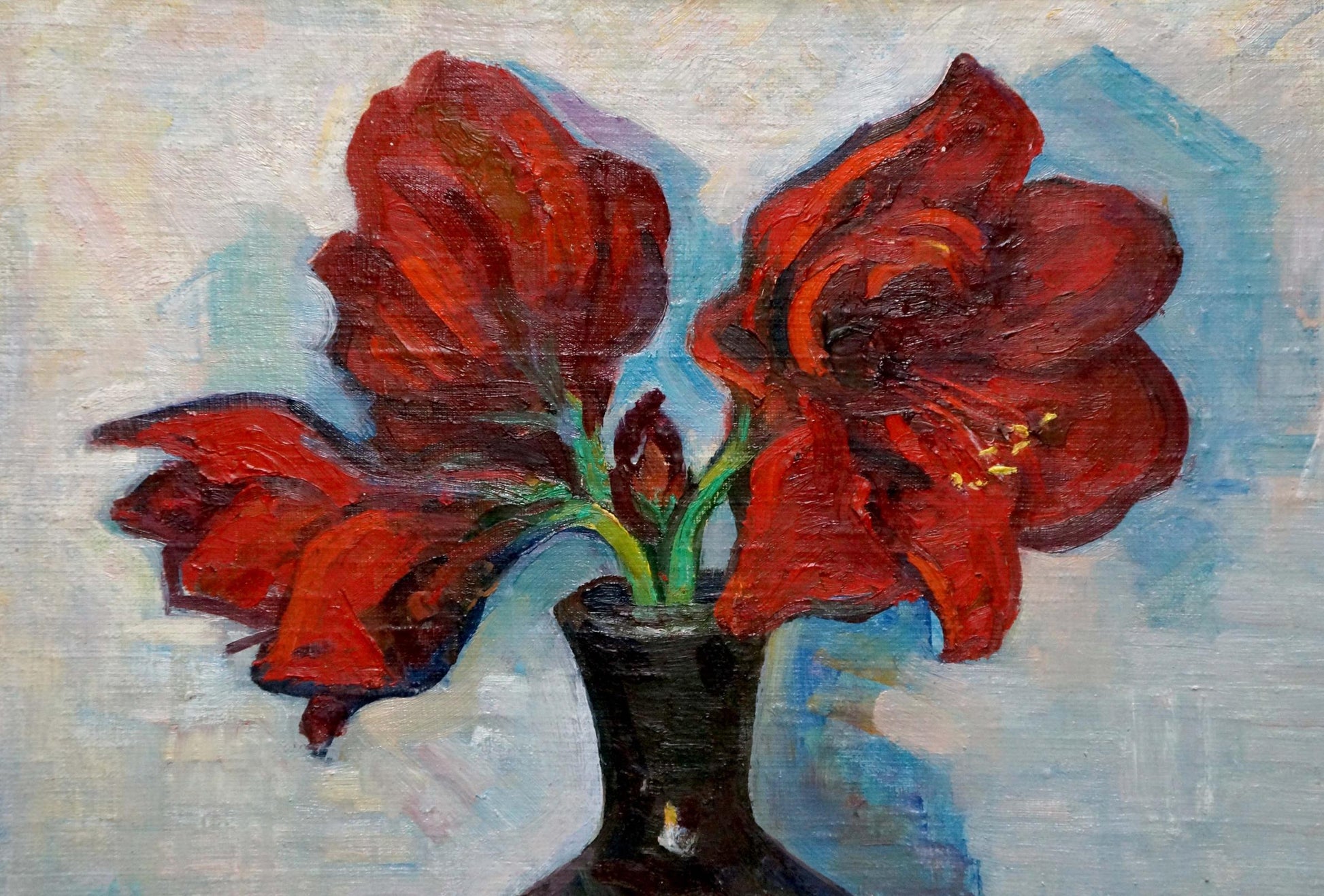 Oil painting of vibrant red amaryllis by Dorofeev Nikolay Ivanovich