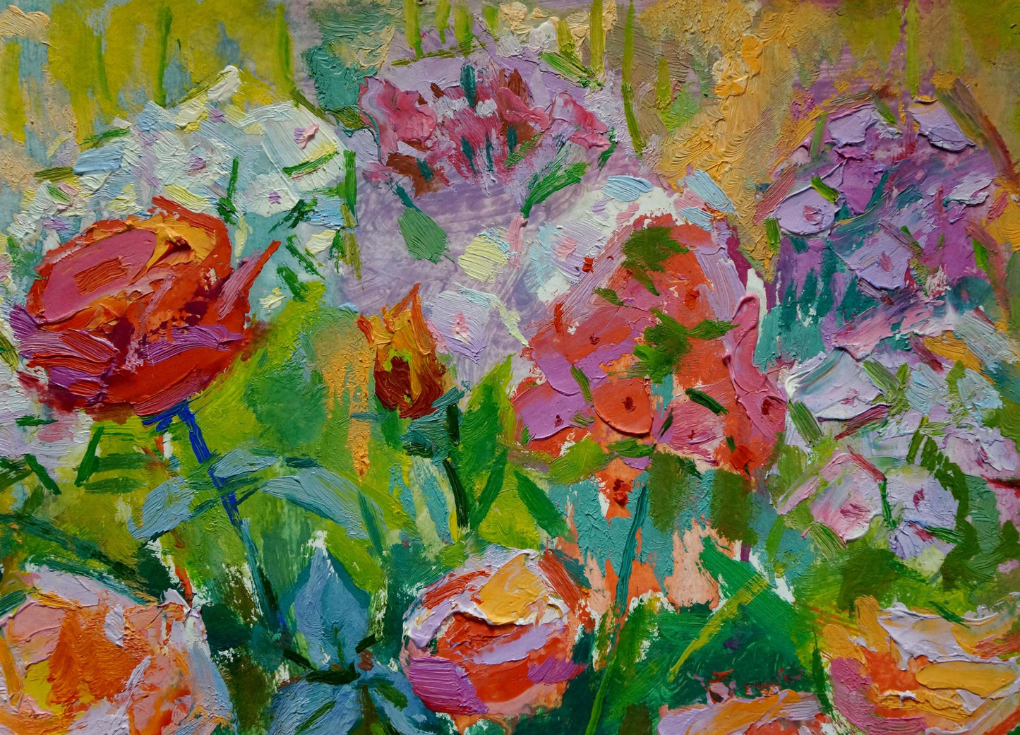 Vibrant impressionist oil painting of red roses and lilacs by Vasily Chegodar