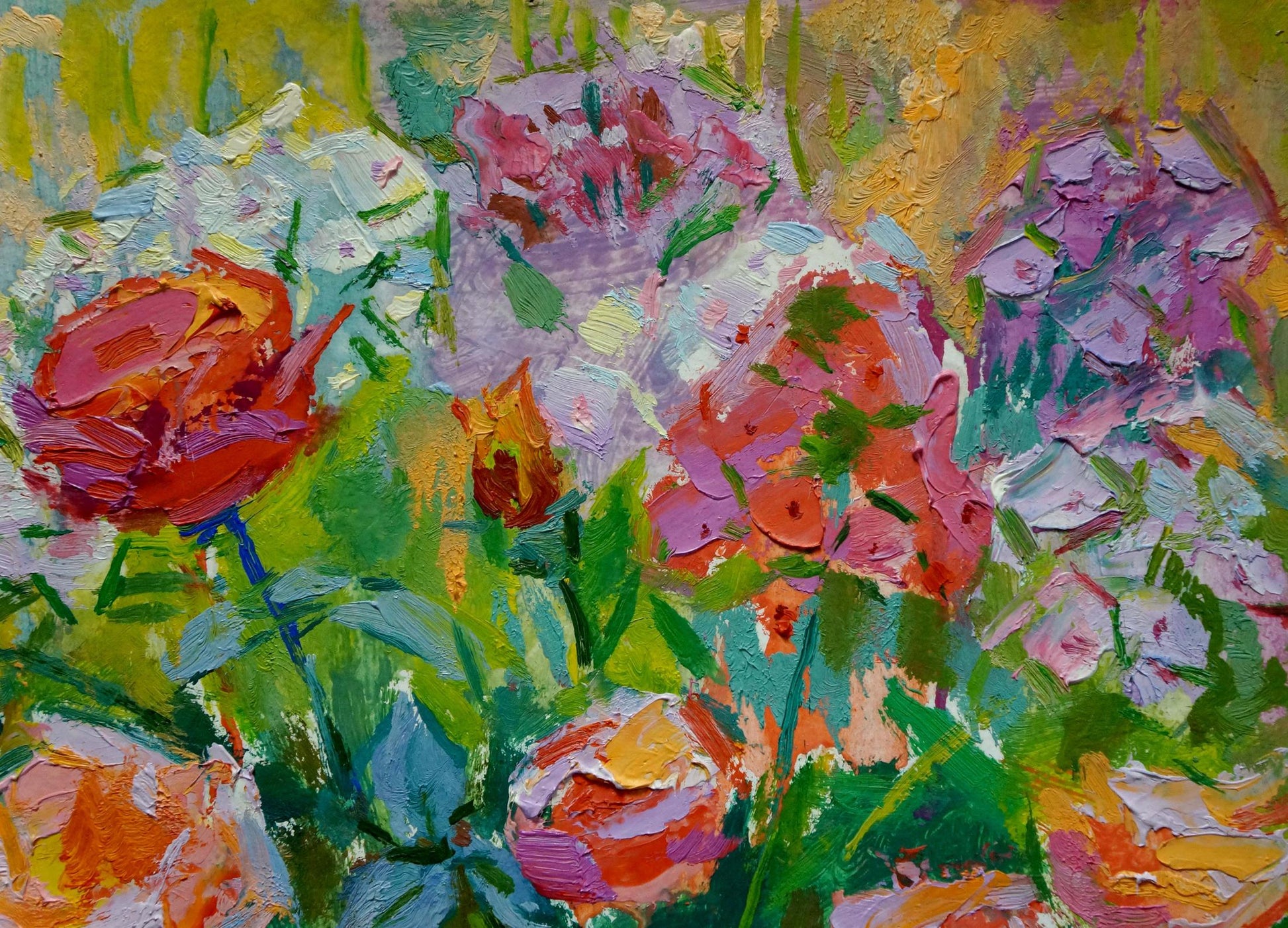 Vibrant impressionist oil painting of red roses and lilacs by Vasily Chegodar