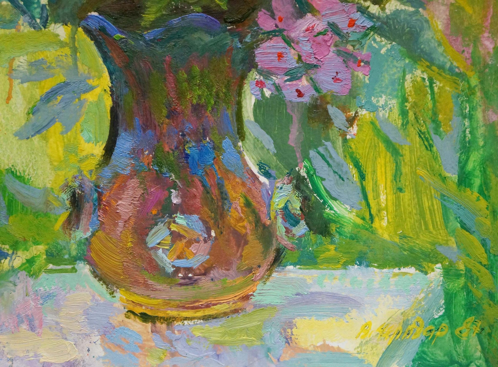 Vibrant abstract ceramic vase in oil painting style with swirling hues and glossy finish