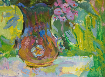 Vibrant abstract ceramic vase in oil painting style with swirling hues and glossy finish