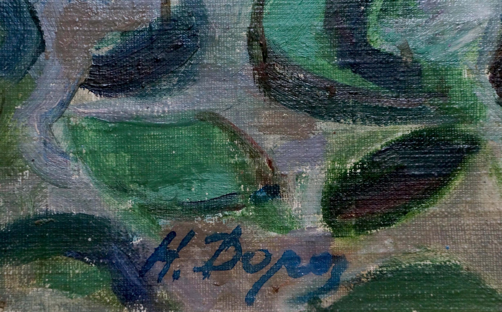 Back of oil painting Red peonies by Dorofeev Nikolay Ivanovich with textured green blue brushstrokes and signature