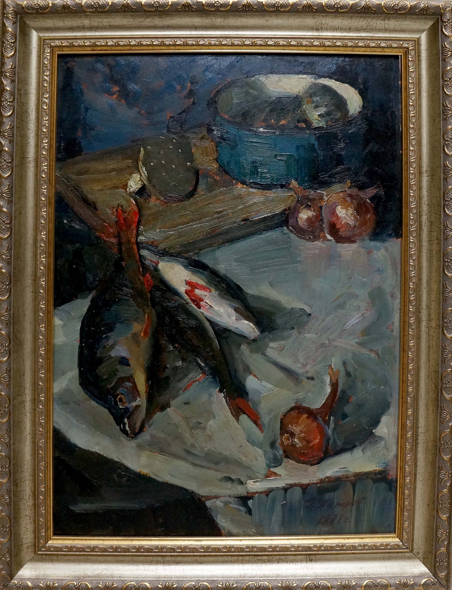Oil painting Perch by Petrov George Petrovich, dark textured still life with fish and onions