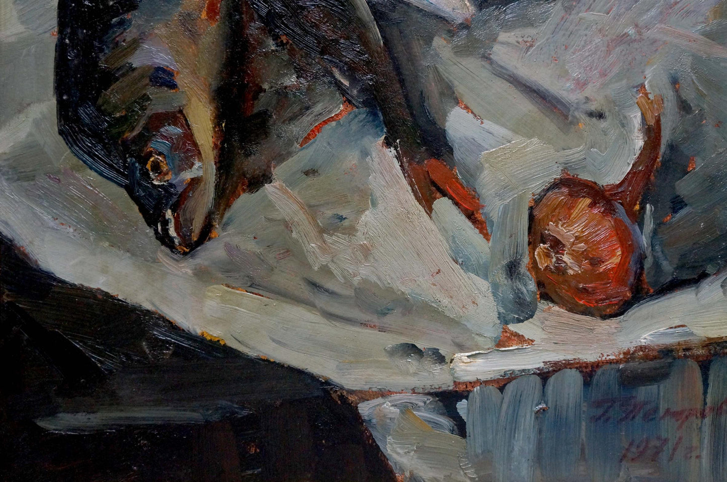 Oil painting Perch by Petrov George Petrovich with fish and onion