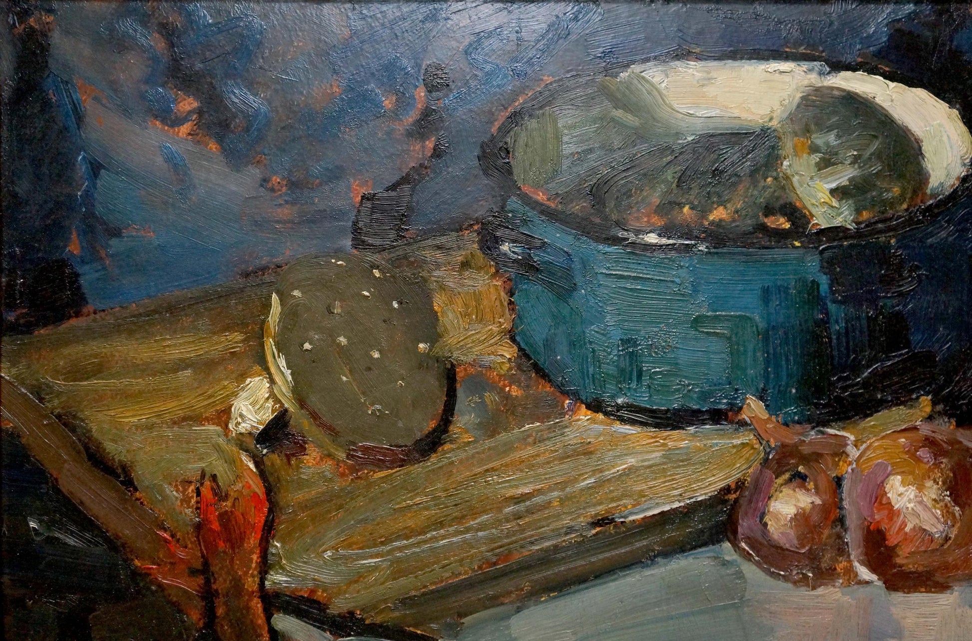 Teal enamel pot with black handles in Perch Petrov George Petrovich oil painting
