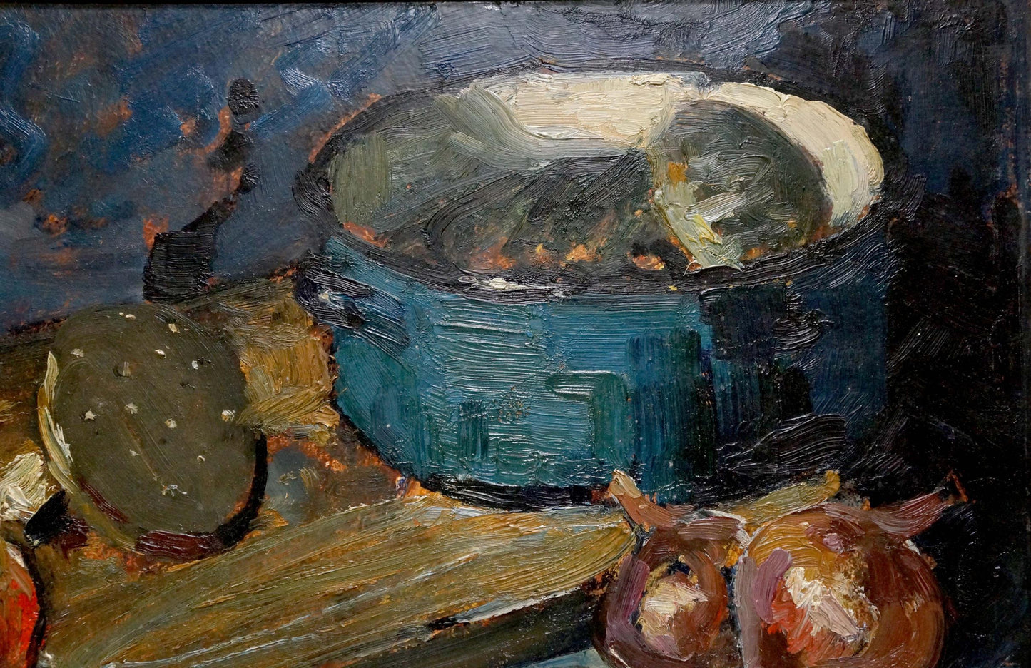 Teal enamel pot in rustic finish, Perch by Petrov George Petrovich oil painting