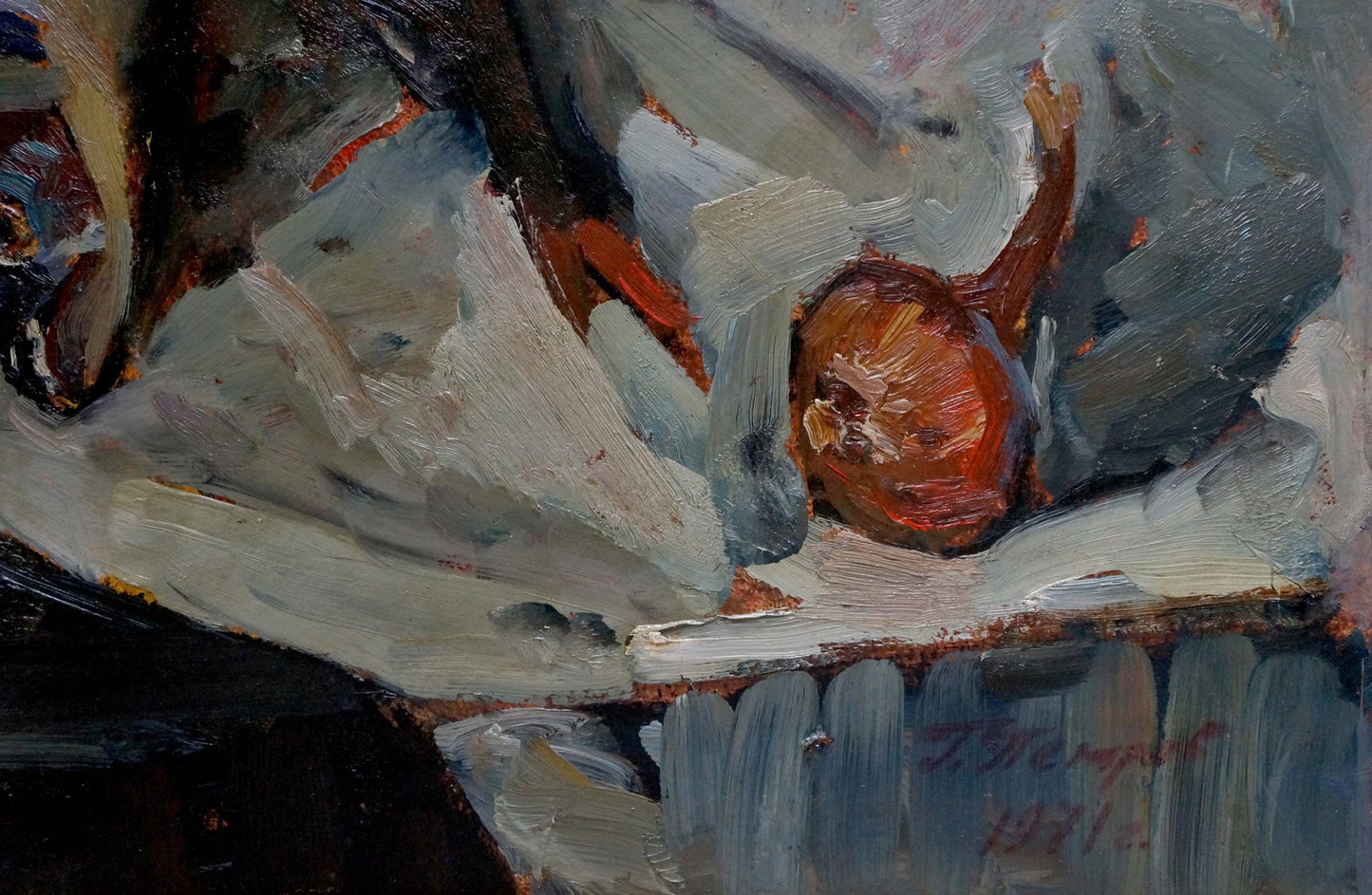 Textured reddish-orange onion on crumpled white cloth in Perch by Petrov George Petrovich oil painting