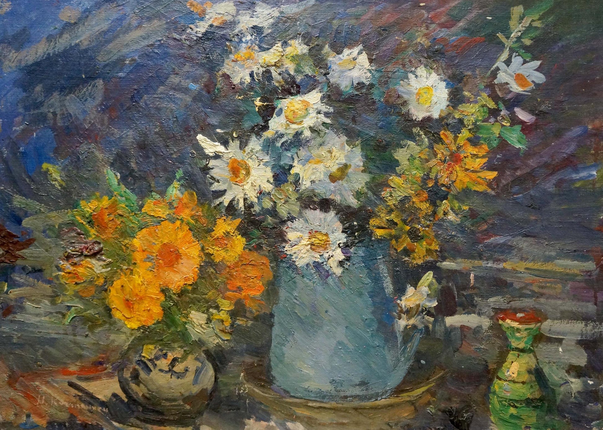 Oil painting of light blue vase with white daisies and orange marigolds by Kompaniets-Kiyanchenko Nadezhda Dmitrievna