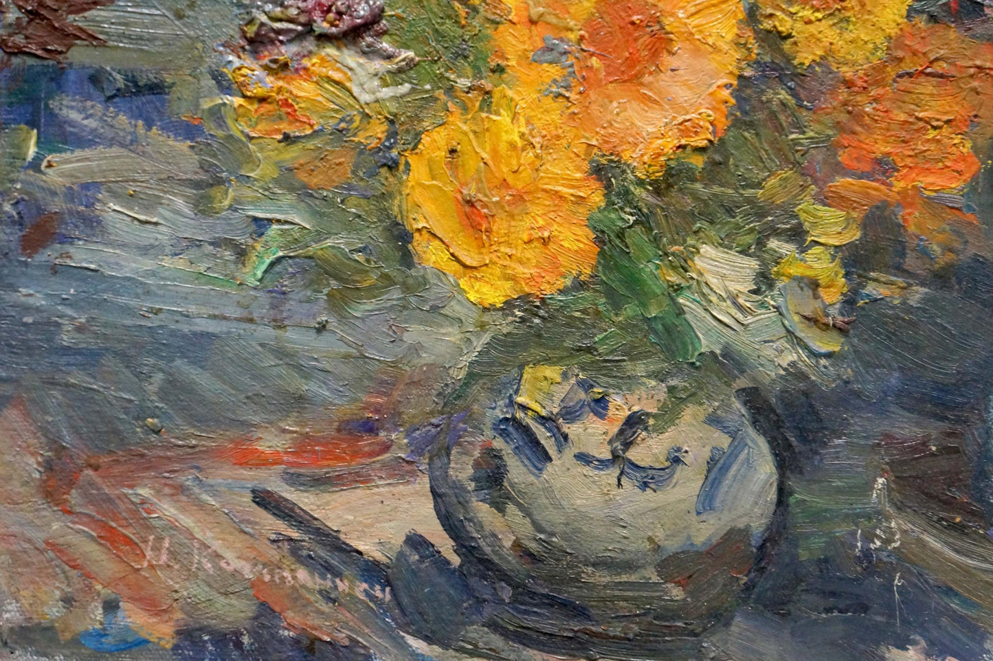 Oil painting of vase with bold yellow orange flowers by Kompaniets-Kiyanchenko Nadezhda Dmitrievna