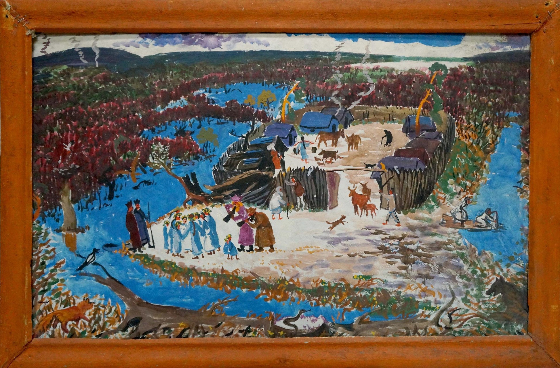Oil painting of vibrant village by river in folk-art style, wooden frame