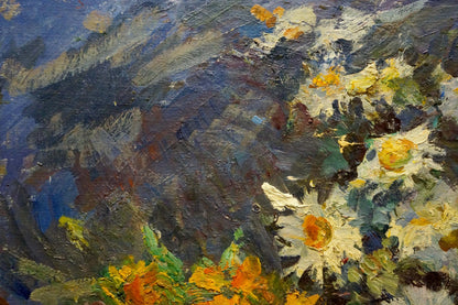 Vibrant oil painting of white daisies and orange flowers by Nadezhda Dmitrievna Kompaniets-Kiyanchenko
