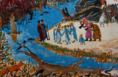 Oil painting of vibrant autumn village by river in forest, unknown artist