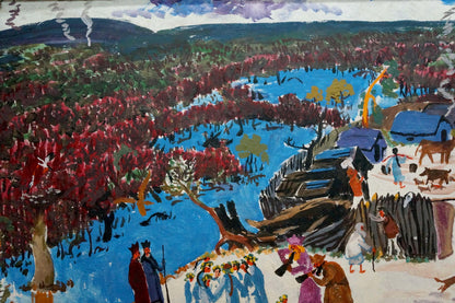 Vibrant oil painting of village by blue river with bold red trees