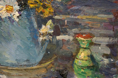 Oil painting of small green ceramic vase with red lid by Kompaniets-Kiyanchenko Nadezhda Dmitrievna