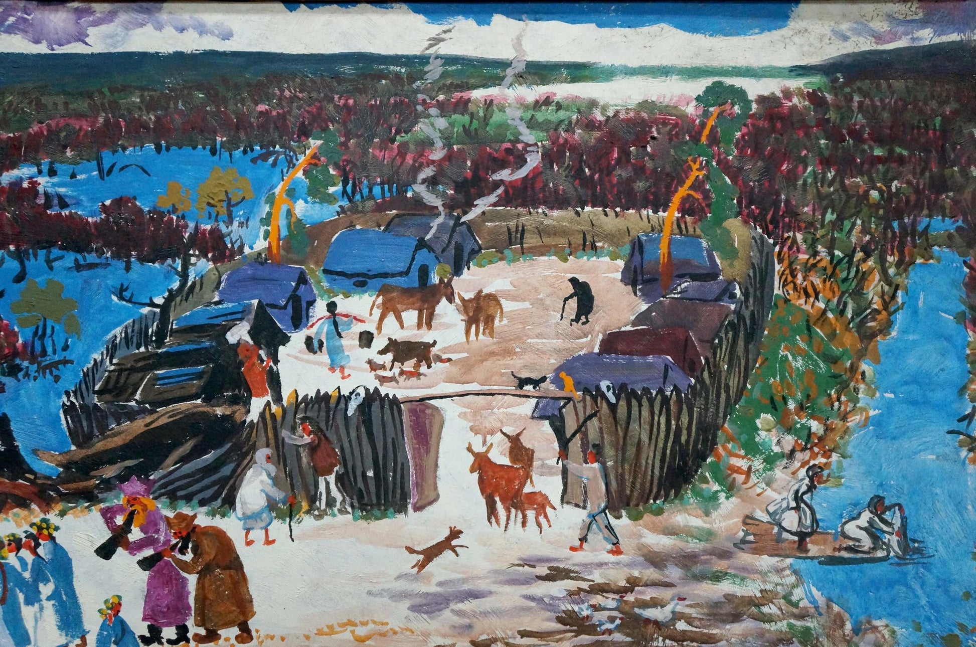 Vibrant impressionist oil painting of village by river, unknown artist