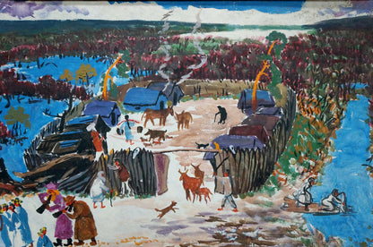 Vibrant impressionist oil painting of village by river, unknown artist