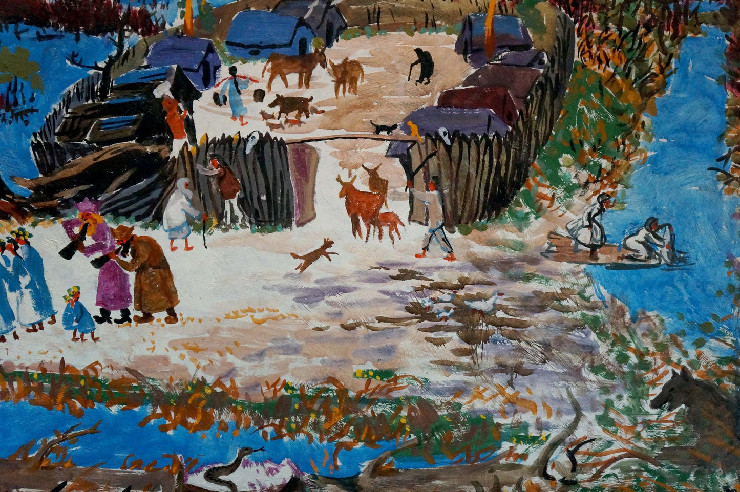 Vibrant impressionist oil painting of snowy village by river with colorful houses
