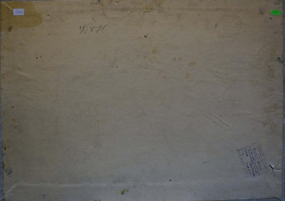 Back of oil painting Still life by Kompaniets-Kiyanchenko Nadezhda Dmitrievna, weathered off-white paper with stains and creases