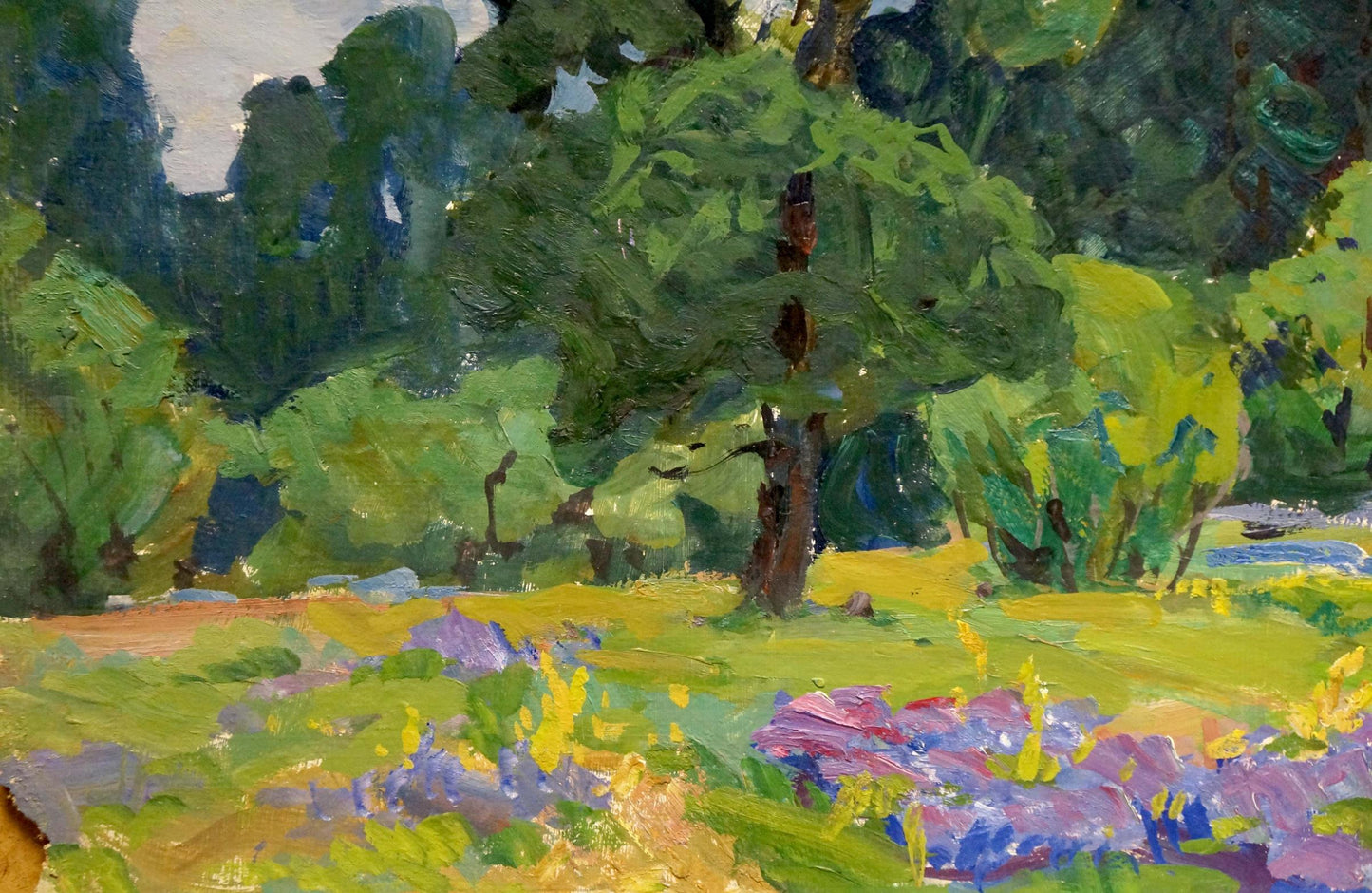 Vibrant oil painting of flower glade in forest by Anatoly Fomin