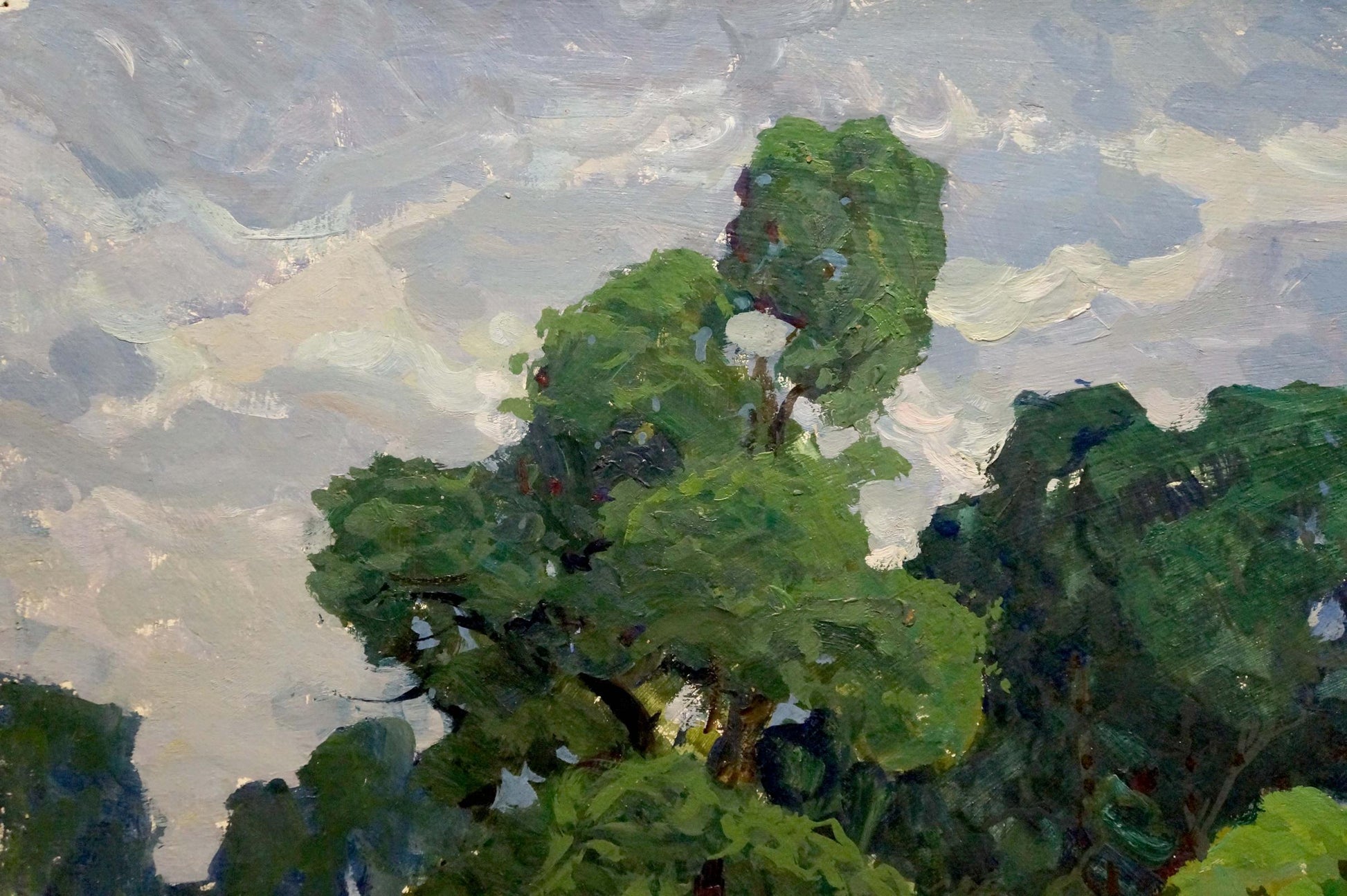 Impressionistic oil painting of lush green tree in forest flower glade by Anatoly Fomin