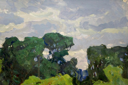 Oil painting of flower glade in forest by Anatoly Fomin with lush green trees