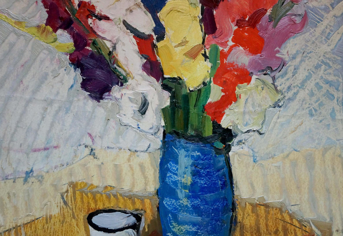 Oil painting Flowers by Platonov Anatoly Georgievich in vibrant blue vase