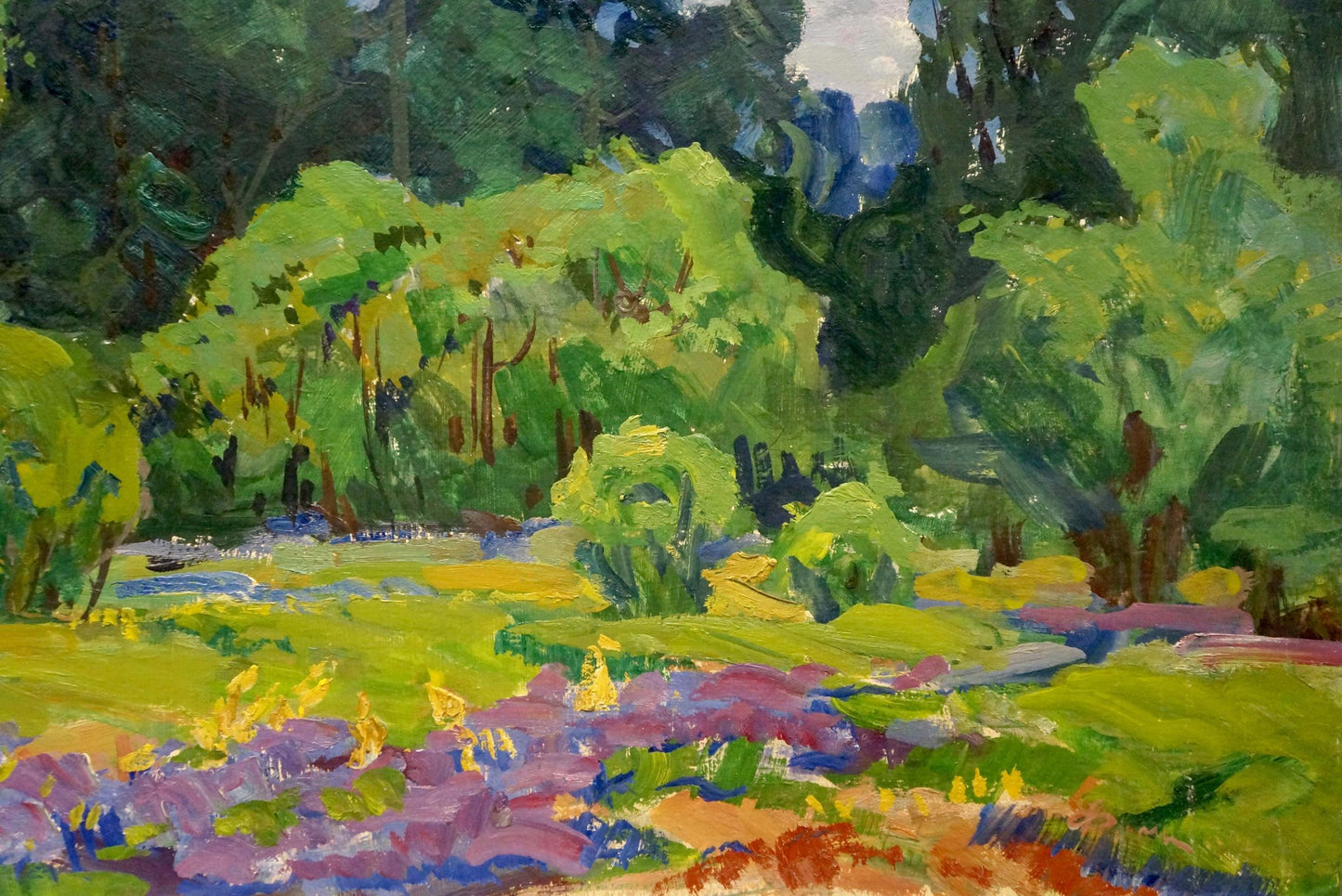 Vibrant oil painting of flower glade in forest by Anatoly Fomin