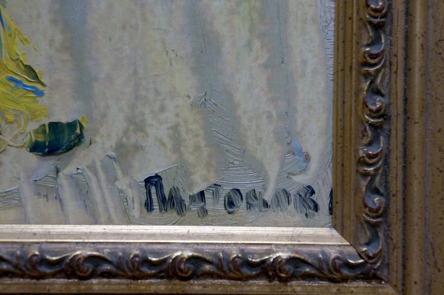 Antique gold ornate frame with scrollwork on Platonov Flowers oil painting