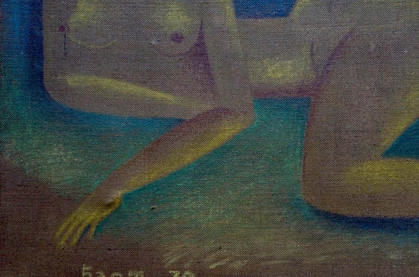 Oil painting of female figure by Victor Sergeevich Bart in yellow purple hues