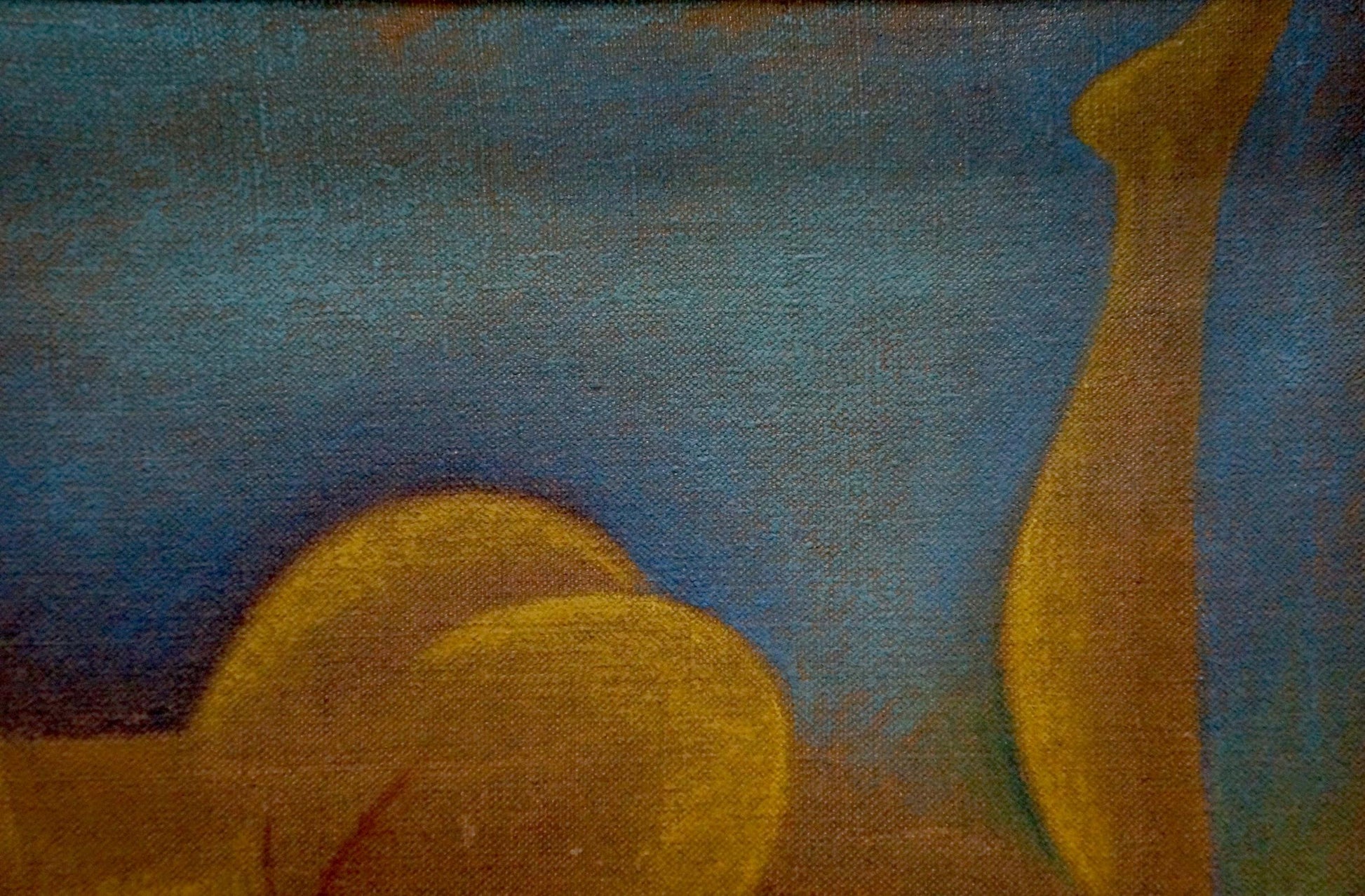 Oil painting Undraped girl by Victor Sergeevich Bart, golden-yellow forms on blue canvas