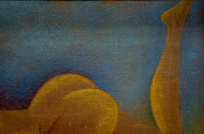 Oil painting Undraped girl by Victor Sergeevich Bart, golden-yellow forms on blue canvas