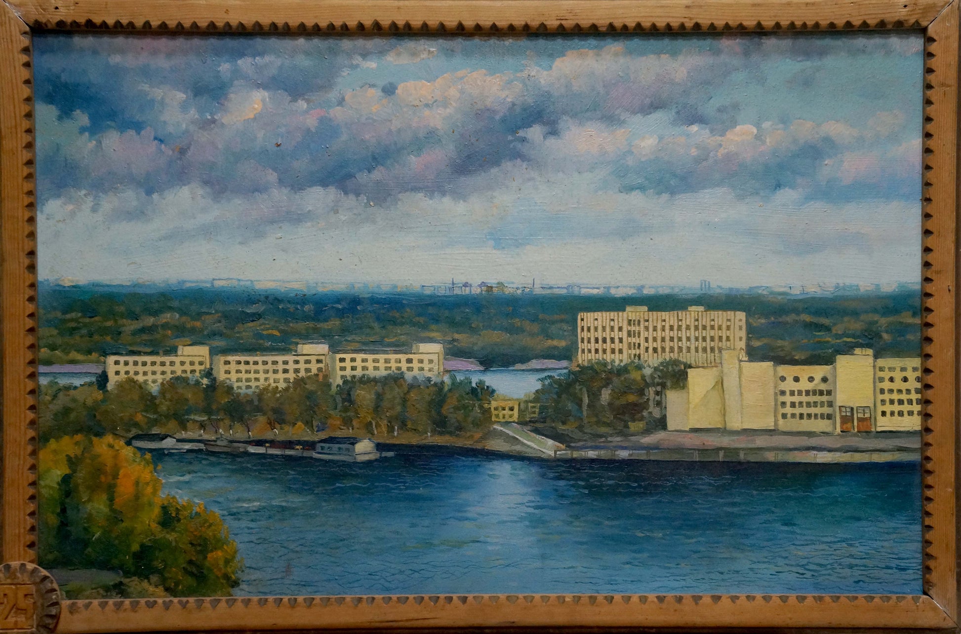 Framed oil painting of fishing port cityscape by Filatov Vladimir Nikolaevich