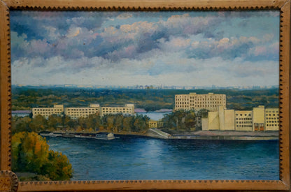 Framed oil painting of fishing port cityscape by Filatov Vladimir Nikolaevich
