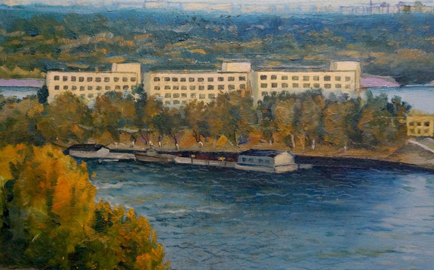 Oil painting of beige fishing port by Filatov Vladimir Nikolaevich amid autumn trees by river