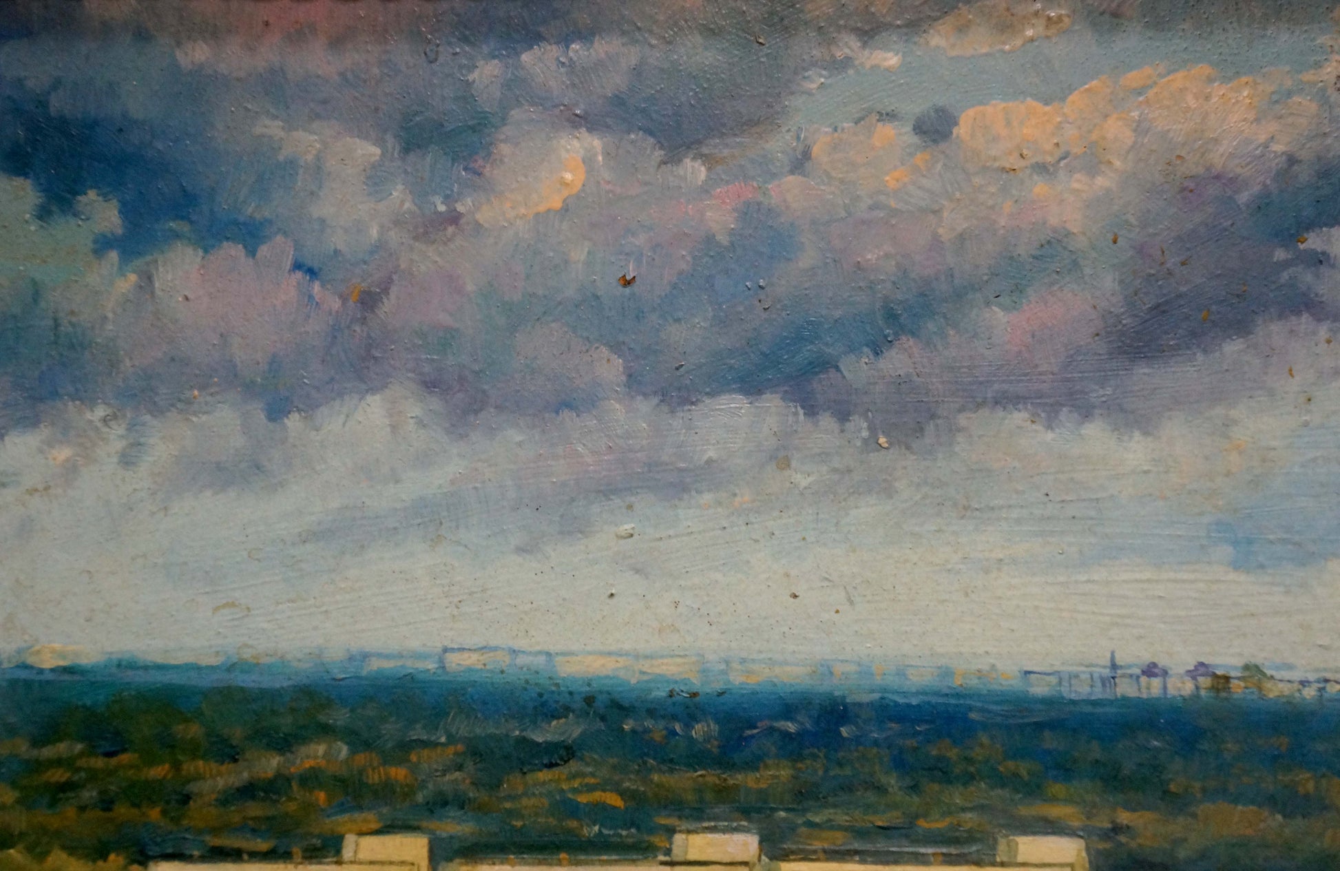 Oil painting of fishing port by Filatov Vladimir Nikolaevich with dramatic sky