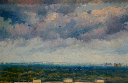 Oil painting of fishing port by Filatov Vladimir Nikolaevich with dramatic sky