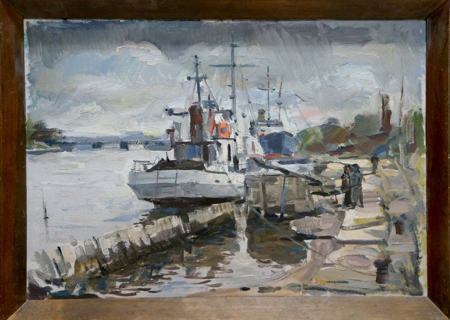 Oil painting In Port: impressionist white fishing boat docked in harbor