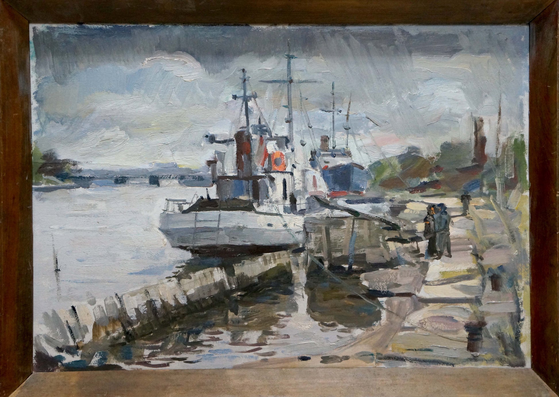 Oil painting In Port: impressionist white fishing boat docked in harbor