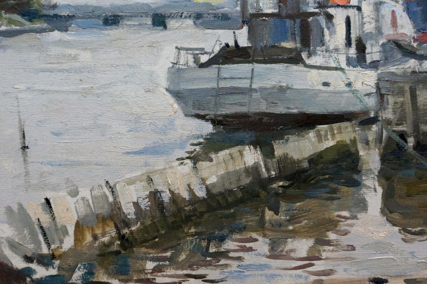 Oil painting In Port: white and gray boat docked at pier with brushstrokes