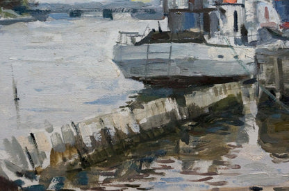 Oil painting In Port: white and gray boat docked at pier with brushstrokes