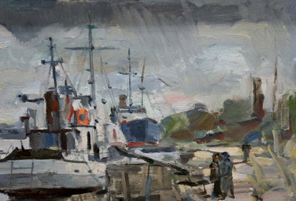 Impressionistic oil painting In Port: white gray fishing boat red lifebuoy