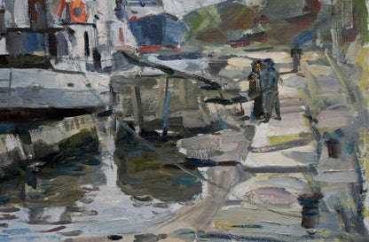 Oil painting In Port: impressionistic textured harbor with boats in muted tones