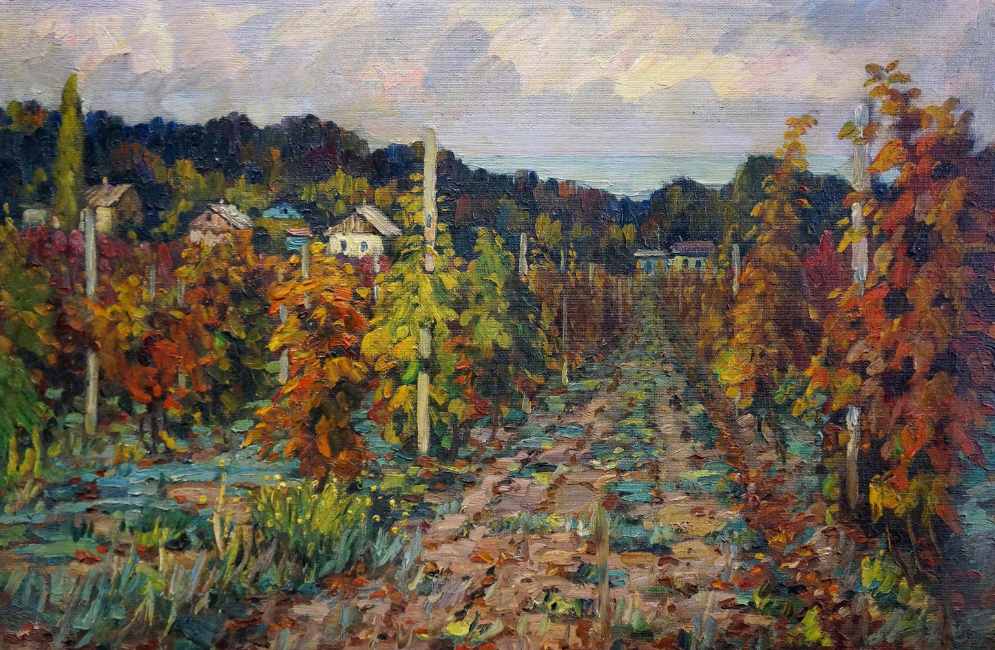 Autumn vineyard landscape oil painting by Petr Kolomoitsev