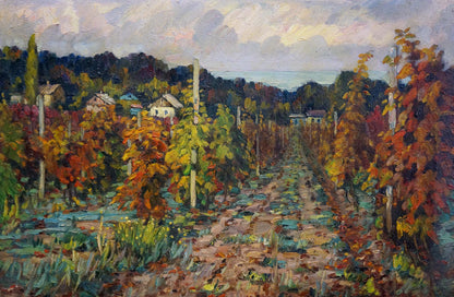 Autumn vineyard landscape oil painting by Petr Kolomoitsev