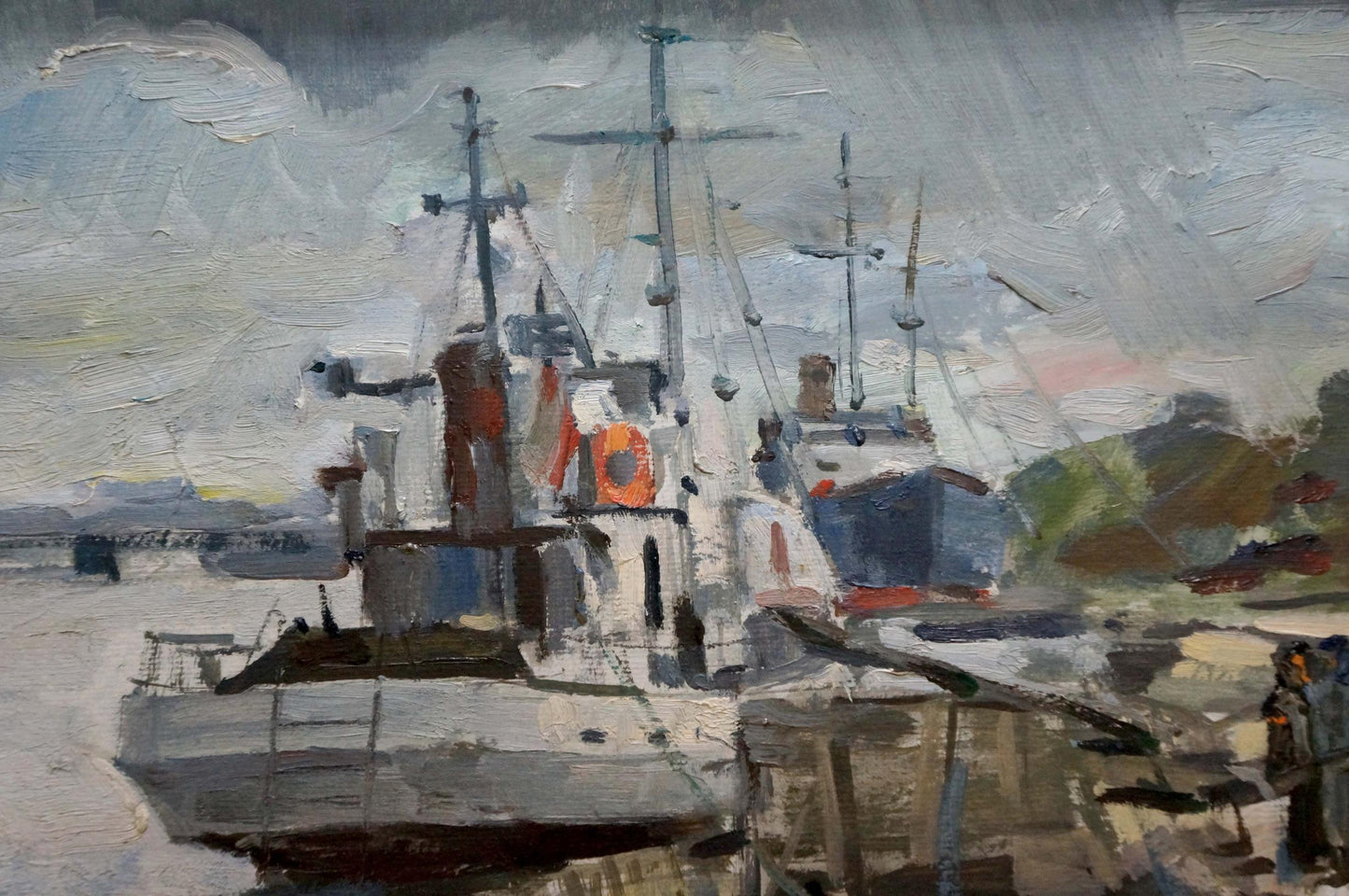 Oil painting In Port: white fishing boat with red orange accents