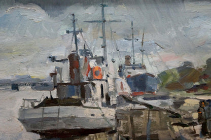 Oil painting In Port: white fishing boat with red orange accents
