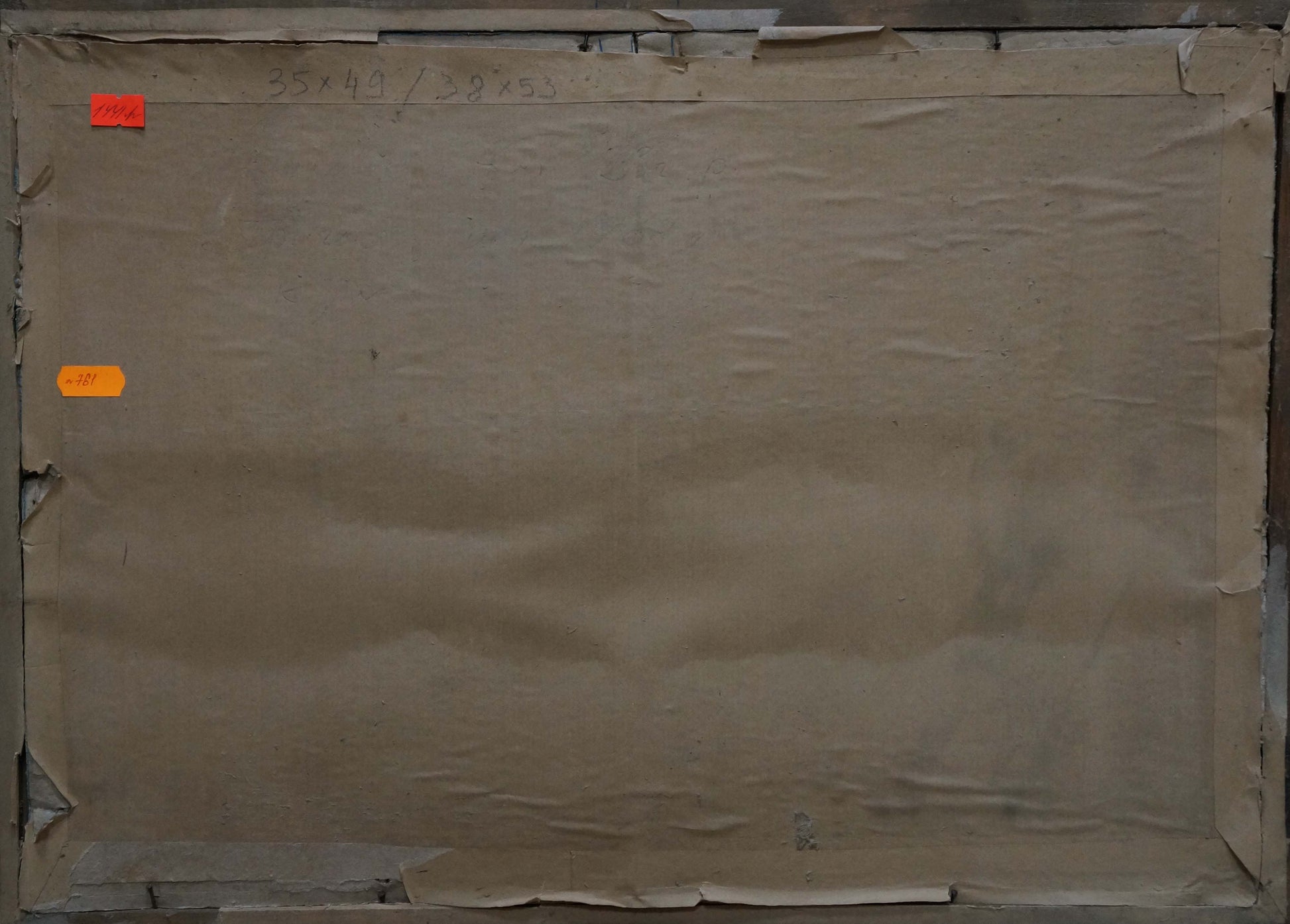 Back of Oil painting In Port on beige wrinkled cardboard with taped edges and orange price tags