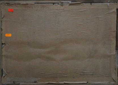 Back of Oil painting In Port on beige wrinkled cardboard with taped edges and orange price tags