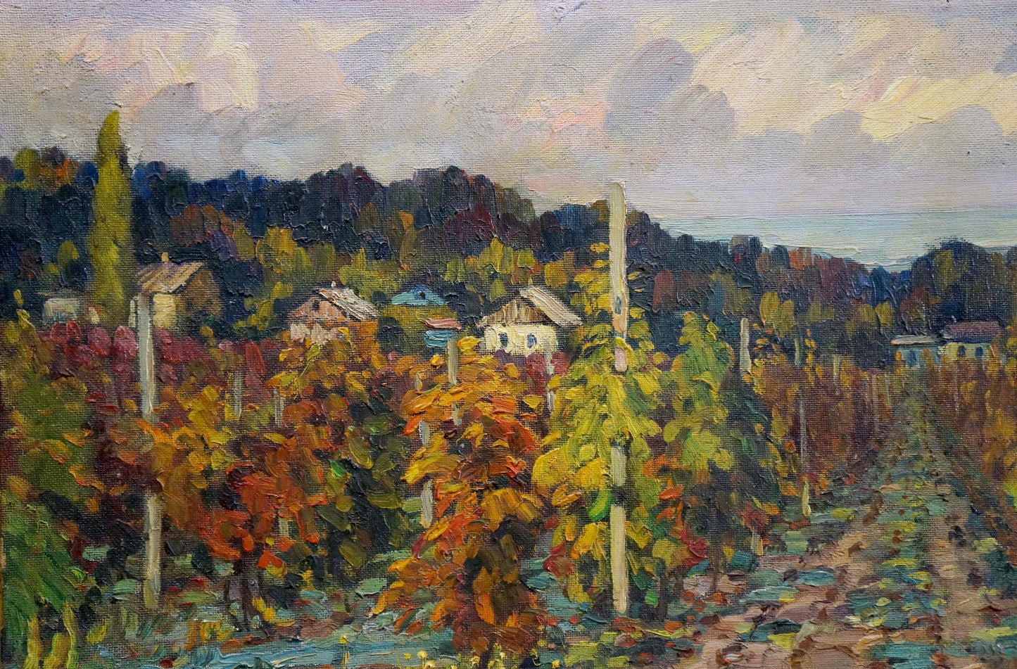 Oil painting Vineyards in the village Petr Kolomoitsev autumn landscape